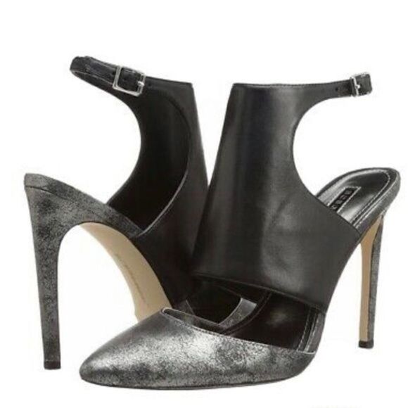 BCBGeneration Chaser Black Leather Pewter Stiletto Heel Nwt - Picture 1 of 11